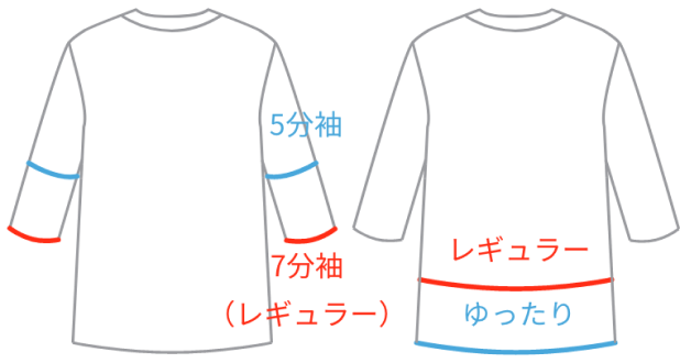 袖丈:7分袖(レギュラー)または5分袖着丈:レギュラーまたはゆったりパンツ丈